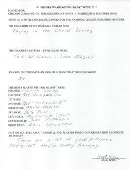 Hank Wyse Autographed Hand Filled Out Survey Page (Jsa)