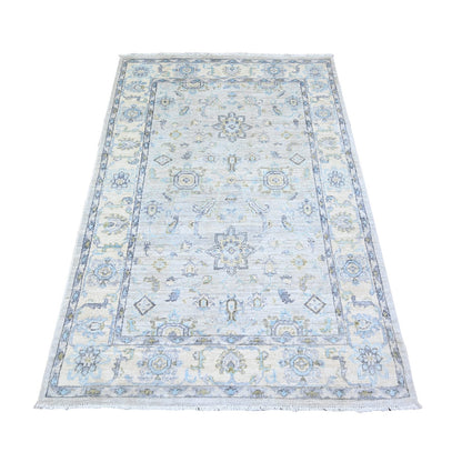 4'X5'9" Chrome Gray White Wash Peshawar With Motifs Wool Hand Knotted Rug