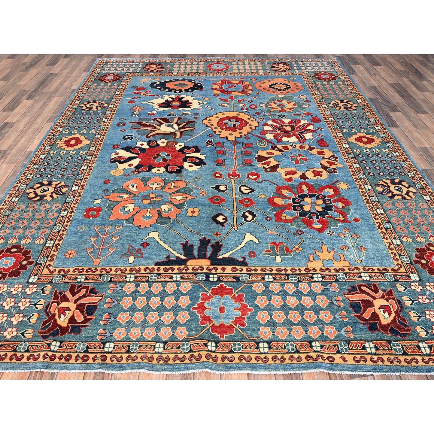 8'X10'4" Blue Wool Rug Afghan Peshawar Heris All Over Design Hand Knotted