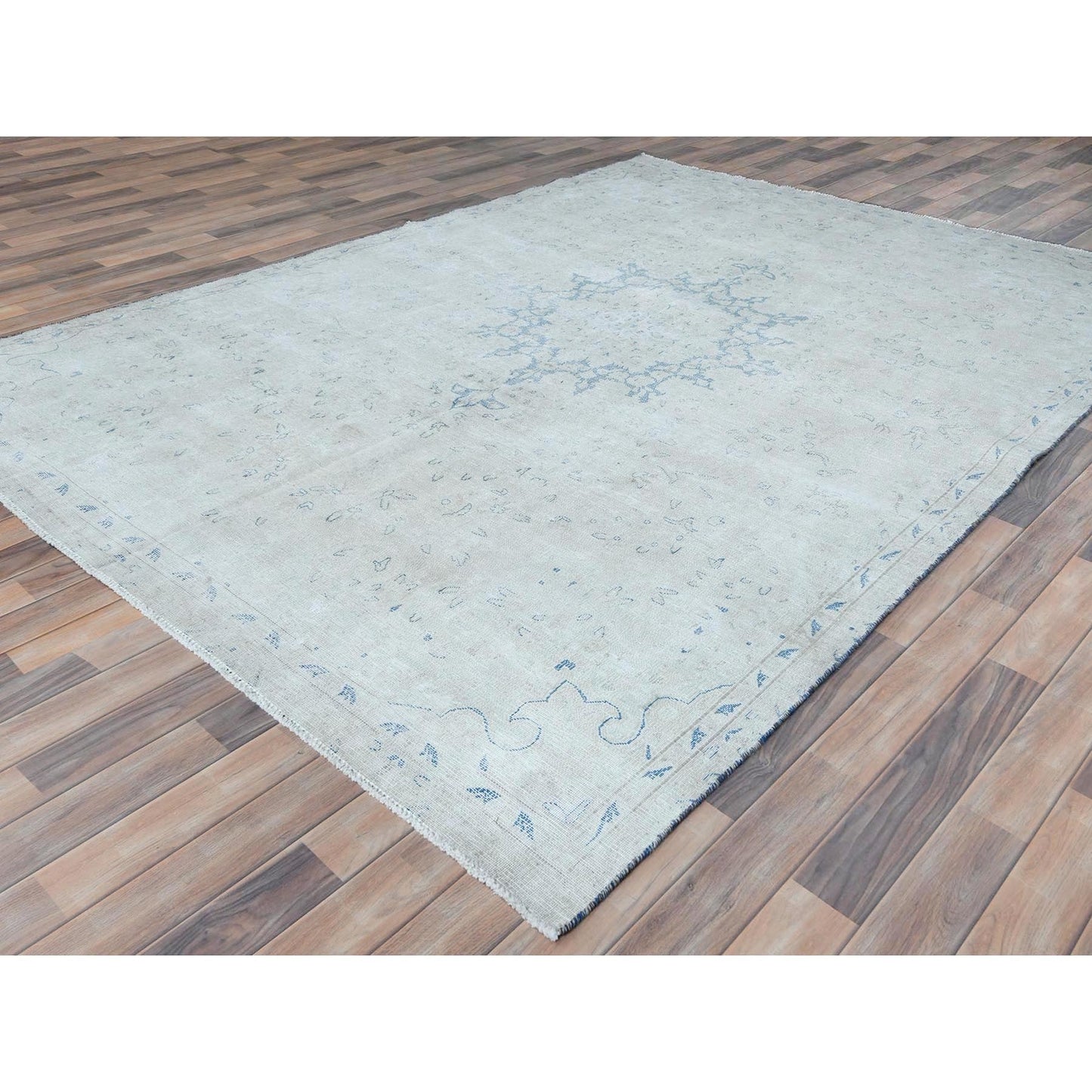 7'2"X10' Blue Old Farsian Hand Knotted Wool Shabby Chic Distressed Rug