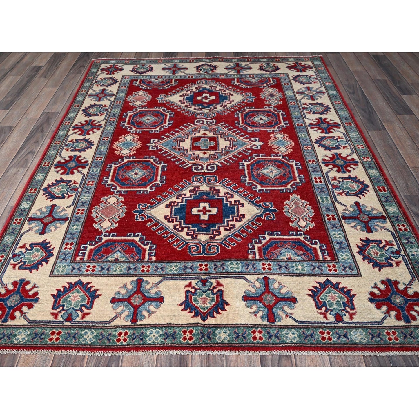 5'1"X6'9" Berry Red Hand Knotted Kazak With Tribal Motifs Soft Wool Rug
