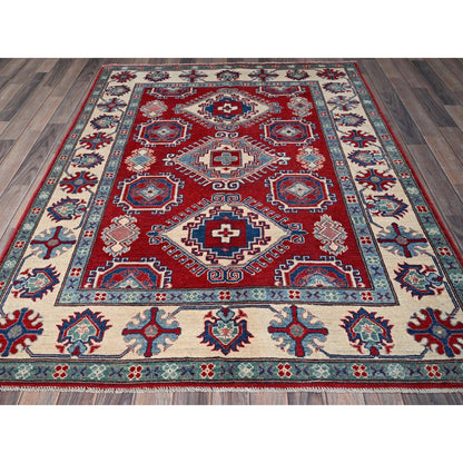 5'1"X6'9" Berry Red Hand Knotted Kazak With Tribal Motifs Soft Wool Rug