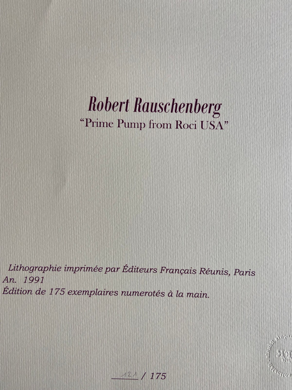 Robert Rauschenberg Lithograph Certificate Stamp Numbered 175 Ex