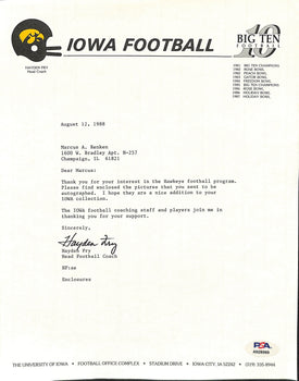 Hayden Fry Football Coach Signed Tls Letter