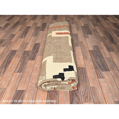 10'2"X13'10" Brown Hand Woven Wool Rug American Geometric Design Flat Weave