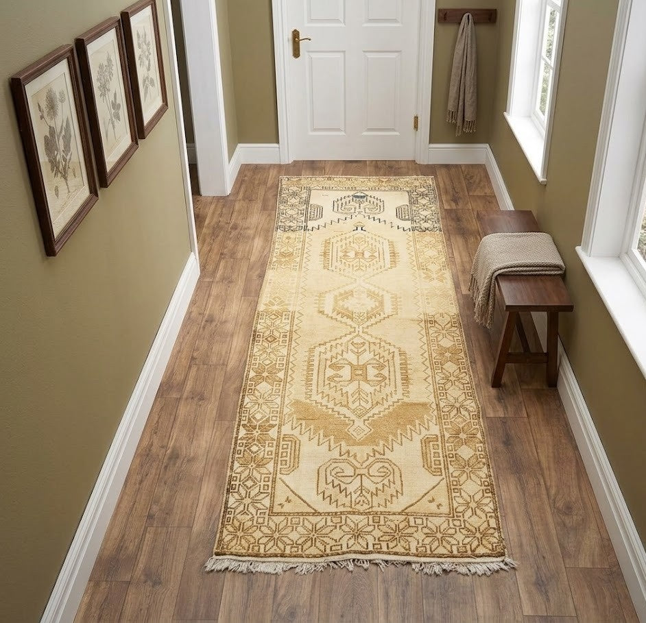 Handmade tribal rug kitchen carpet semi antique muted oriental runner 3x10 ft