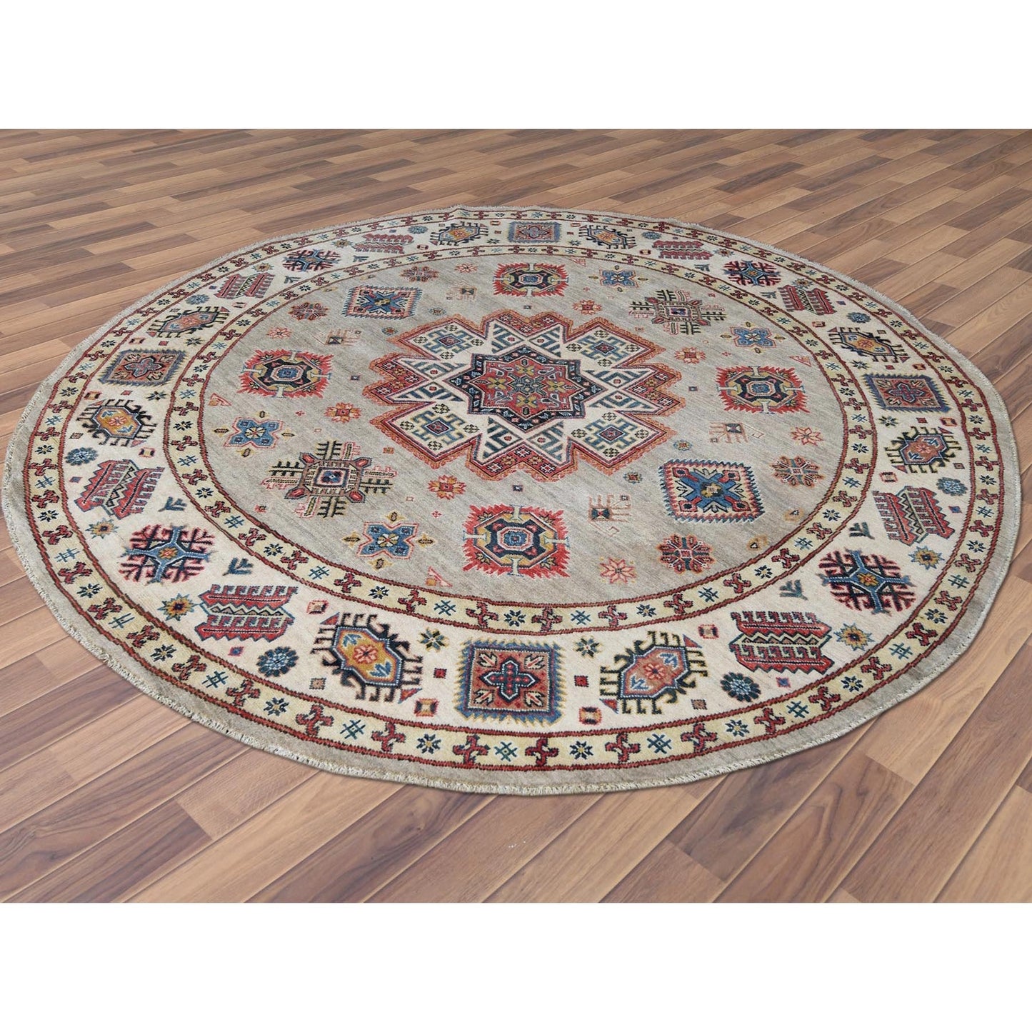 7'10"X7'10" Caucasian Afghan Special Kazak Hand Knotted Round Wool Rug