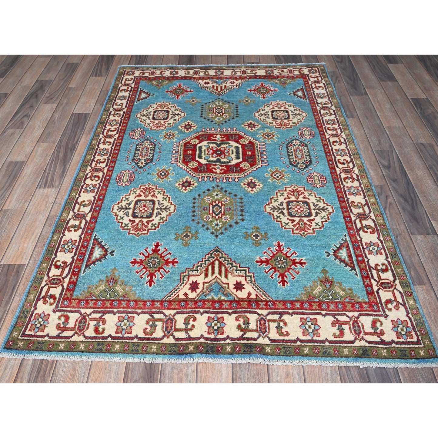 4'X6' Blue Kazak With Geometric Medallion Design Hand Knotted Soft Wool Rug
