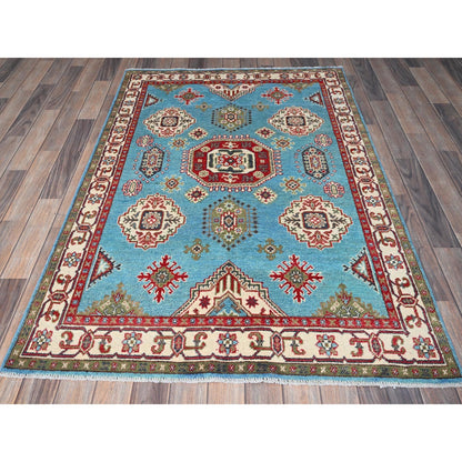 4'X6' Blue Kazak With Geometric Medallion Design Hand Knotted Soft Wool Rug