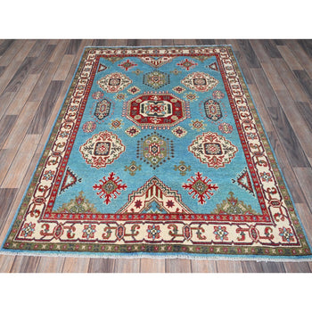 4'X6' Blue Kazak With Geometric Medallion Design Hand Knotted Soft Wool Rug