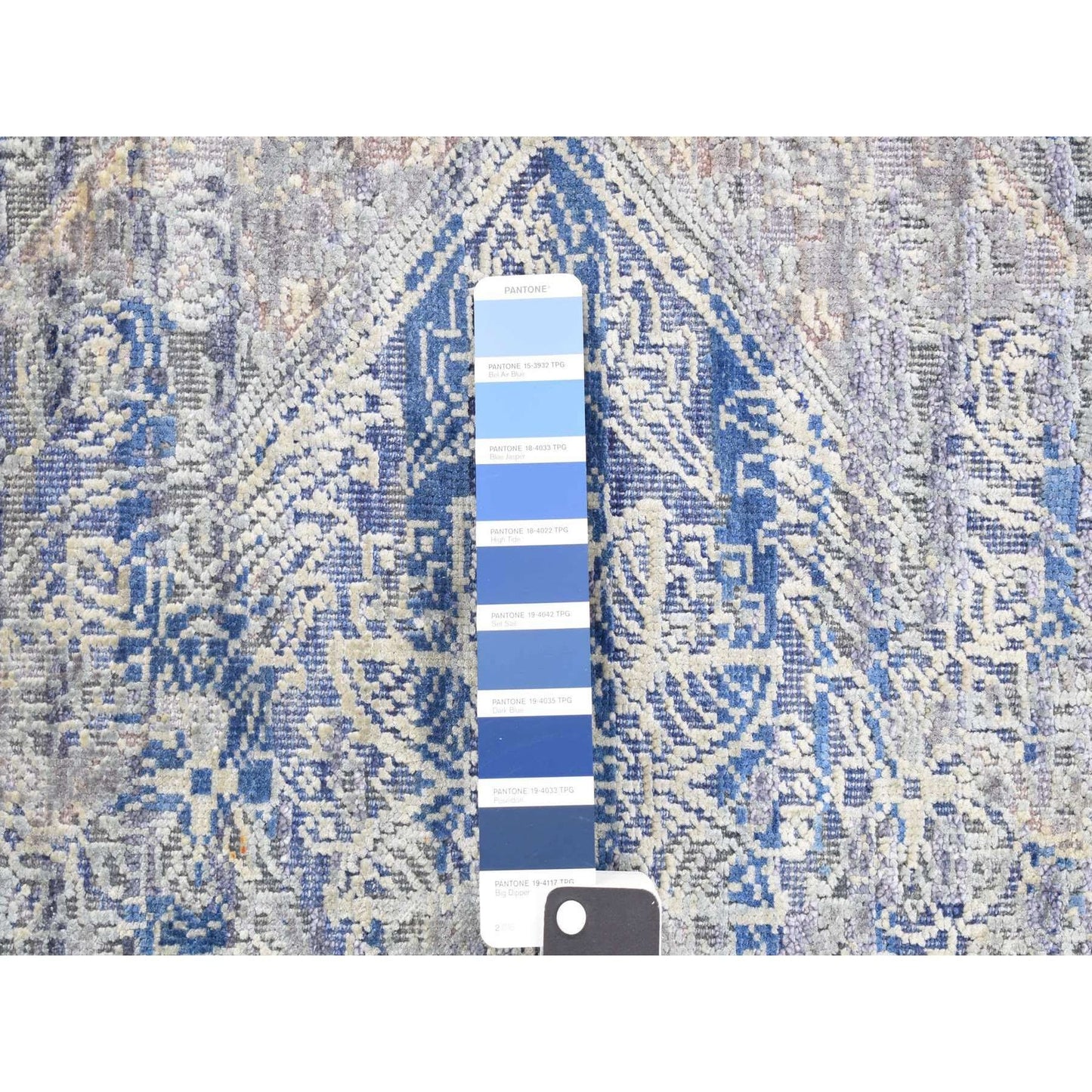 2'X3'1" Blue Erased Rossets Silk With Wool Hand Knotted Sample Rug