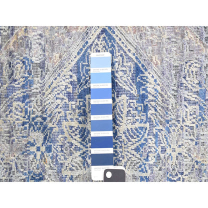 2'X3'1" Blue Erased Rossets Silk With Wool Hand Knotted Sample Rug