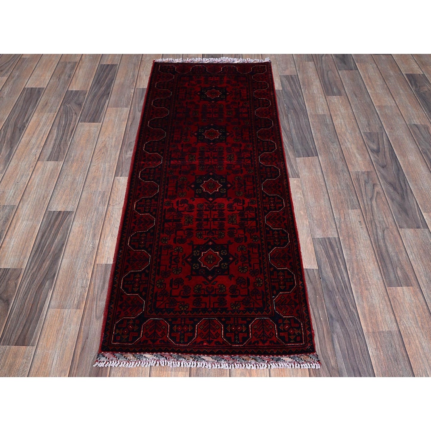 1'10"X4'10" Red Geometric Afghan Khamyab Soft Wool Hand Knotted Runner Rug