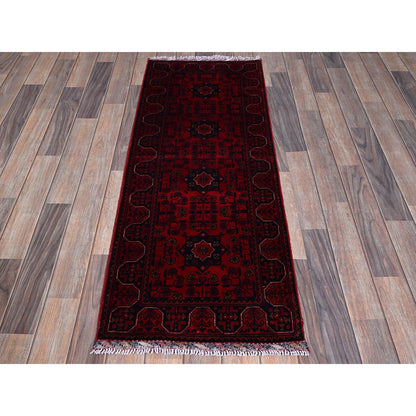 1'10"X4'10" Red Geometric Afghan Khamyab Soft Wool Hand Knotted Runner Rug