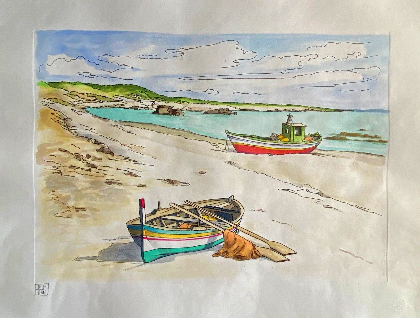 Aldo Riso ''Fishermen'S Boats'' - Hand-Painted Engraving Authenticated 60X80