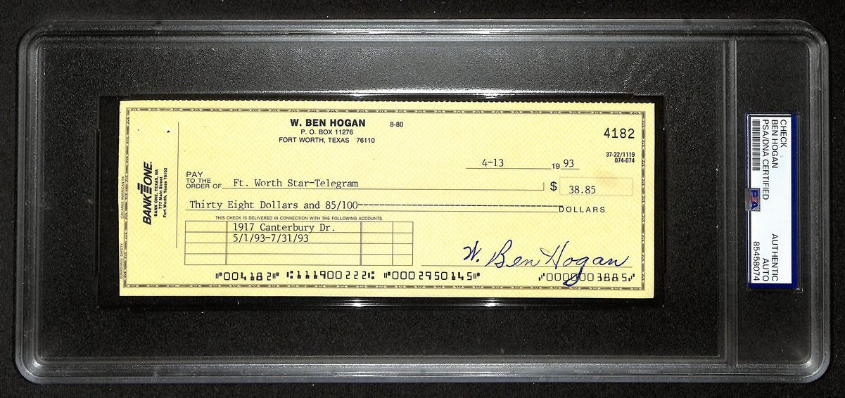 Ben Hogan Pga Champ Signed/Autographed 1993 Bank Check Psa/Dna 194543