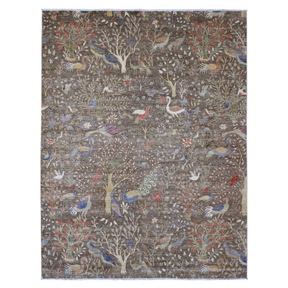 9'1"X11'9" Brown Afghan Peshawar Birds Design Soft Wool Hand Knotted Rug