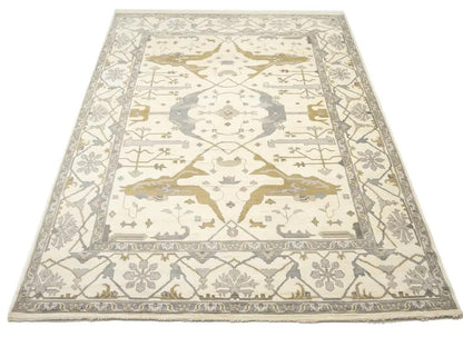 Hand-Knotted Oushak Oriental Rug Floral Dining