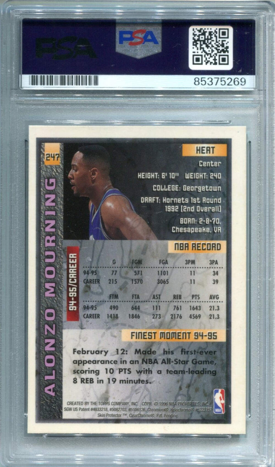 Alonzo Mourning 1996 Topps Finest #247 Psa Auto Authentic Card