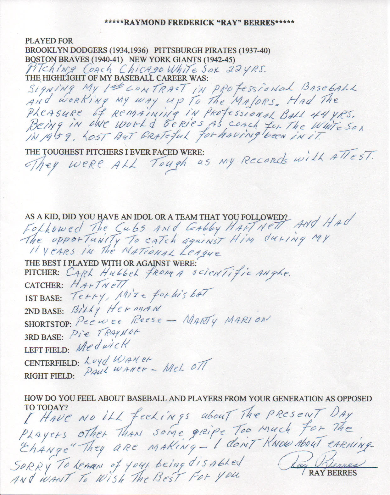 Ray Berres Autographed Hand Filled Out Survey Page (Jsa)