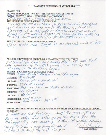 Ray Berres Autographed Hand Filled Out Survey Page (Jsa)