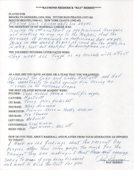 Ray Berres Autographed Hand Filled Out Survey Page (Jsa)