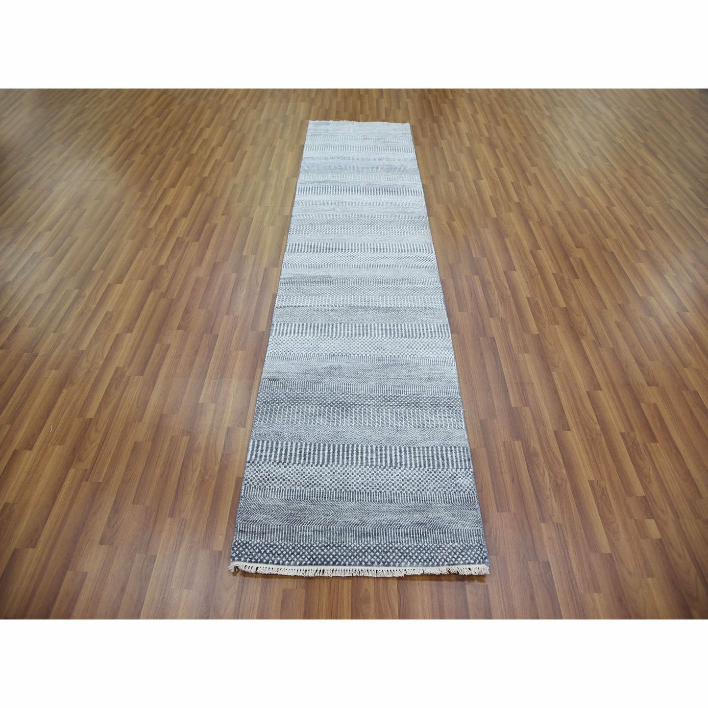 2'10"X10'2" Gray Modern Grass Design Wool/Silk Hand Knotted Runner Rug