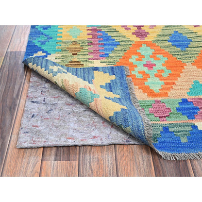 5'X6'4" Blue Afghan Kilim Geometric Pure Wool Hand Woven Flat Weave Rug
