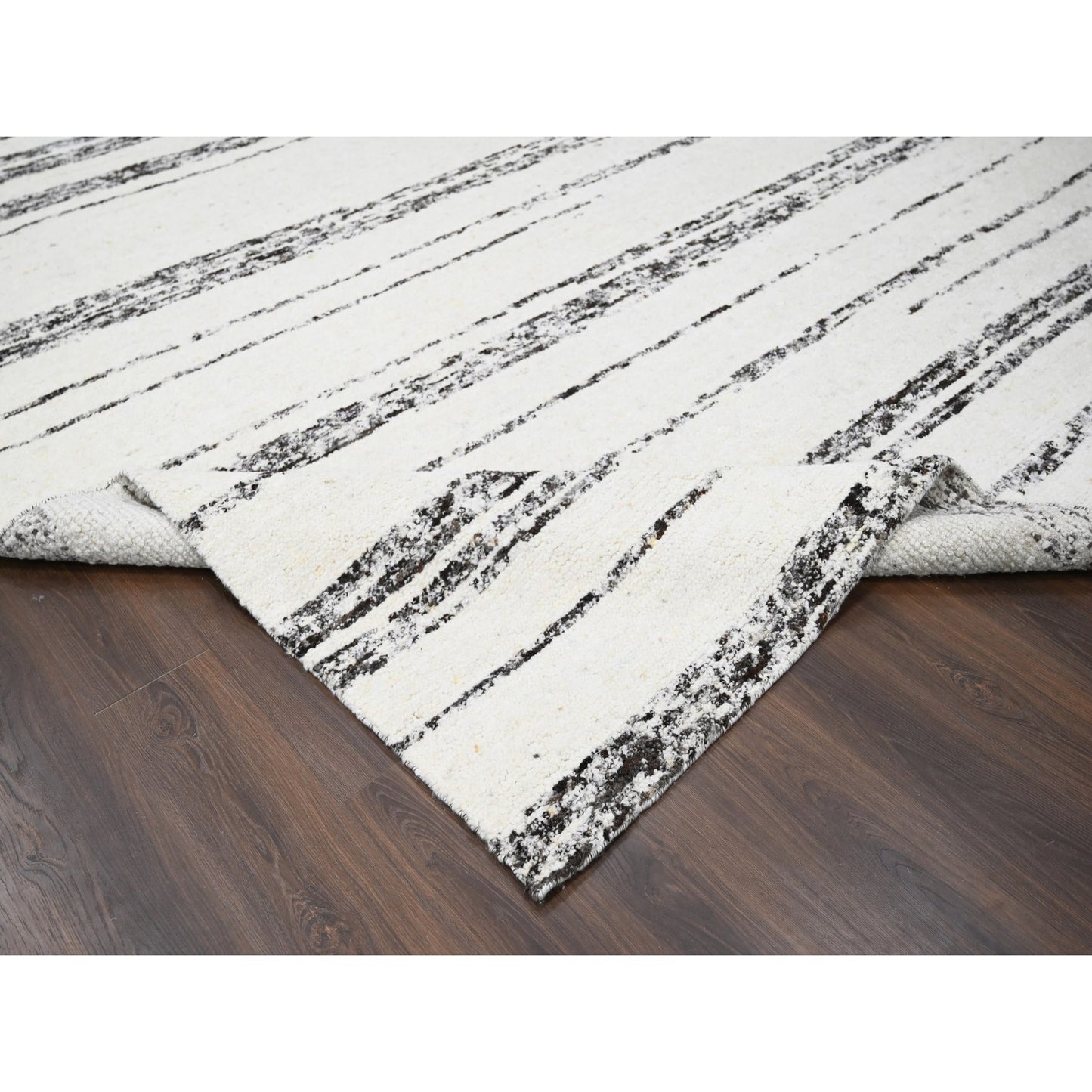 12'2"X14'9" Ivory Striae Design Wool Hand Knotted Oversized Oriental Rug