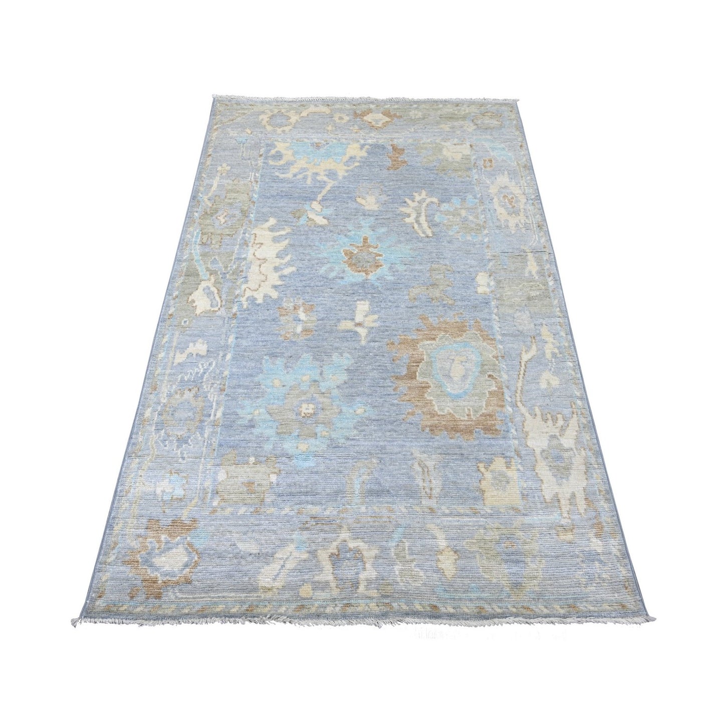 3'10"x6' Flint Gray Hand Knotted Afghan Angora Oushak Leaf Design Wool Rug
