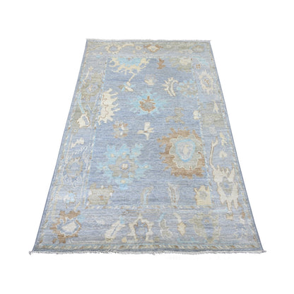 3'10"x6' Flint Gray Hand Knotted Afghan Angora Oushak Leaf Design Wool Rug