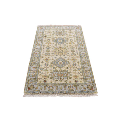 3'X5'1" Acoustic White Wool Hand Knotted Karjihooz Design Runner Rug