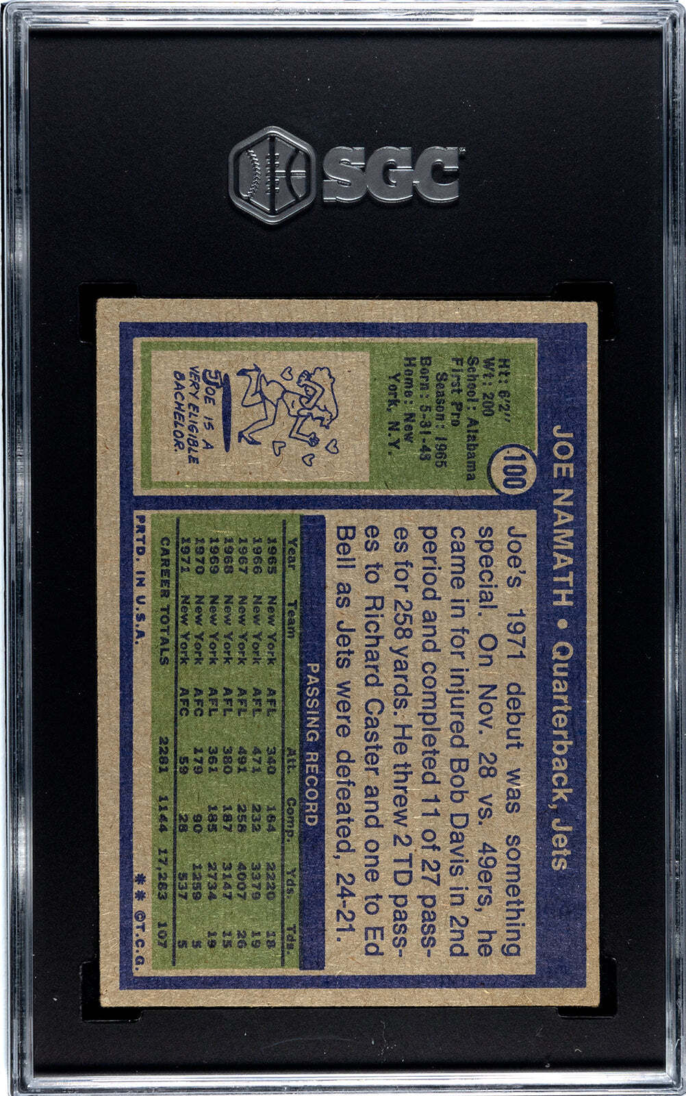 Joe Namath 1972 Topps #100 Sgc 5