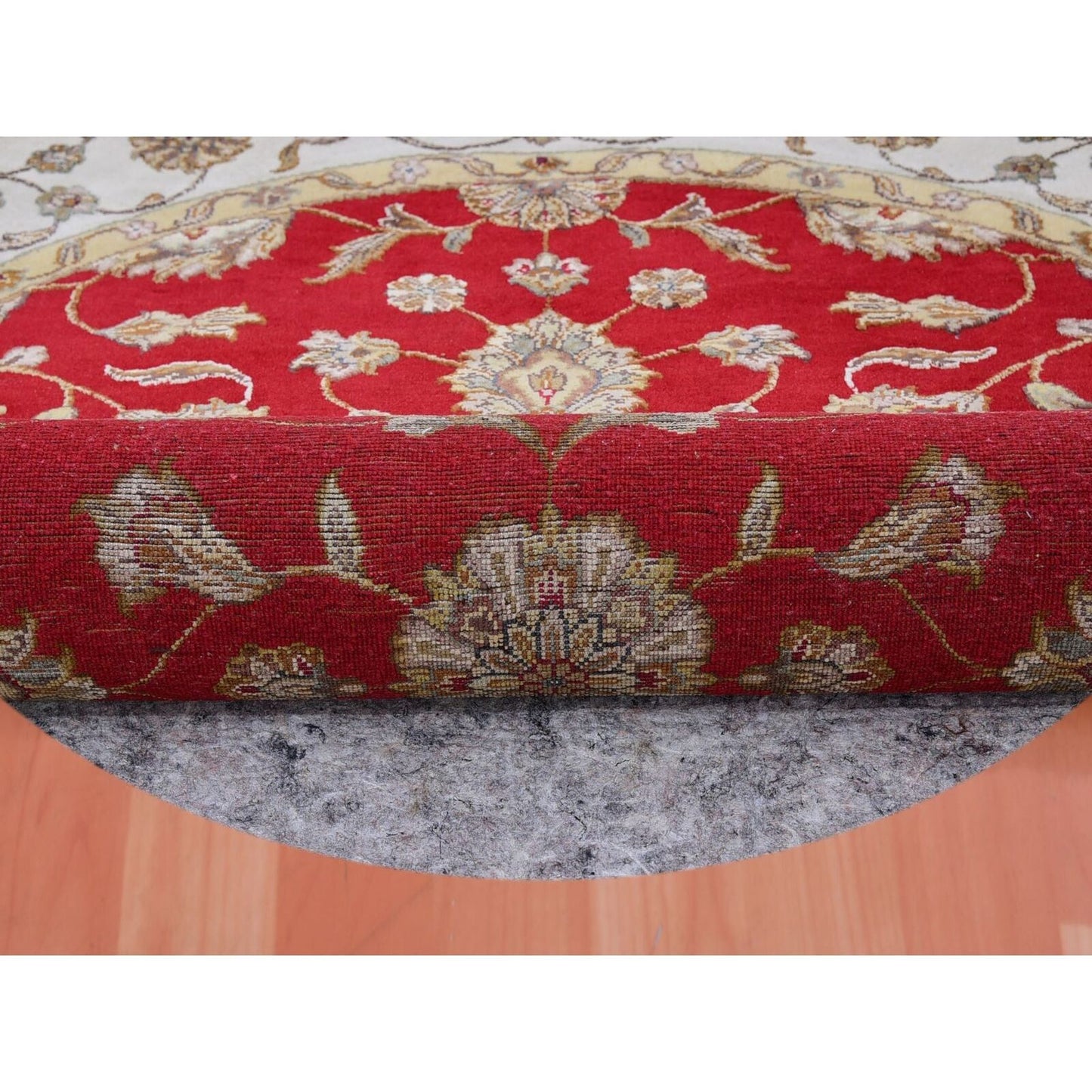6'X6' Red Rajasthan All Over Pattern Hand Knotted Wool Silk Round Rug