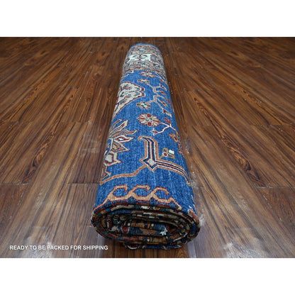 9'10"X13'5" Periwinkle Blue Super Kazak Wool Hand Knotted Geometric Rug