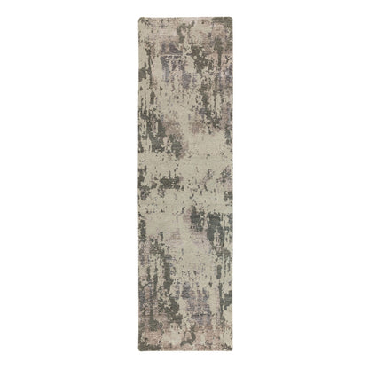 2'8"X9'7" Hi & Lo Pile Abstract Design Wool & Silk Hand Made Runner Rug