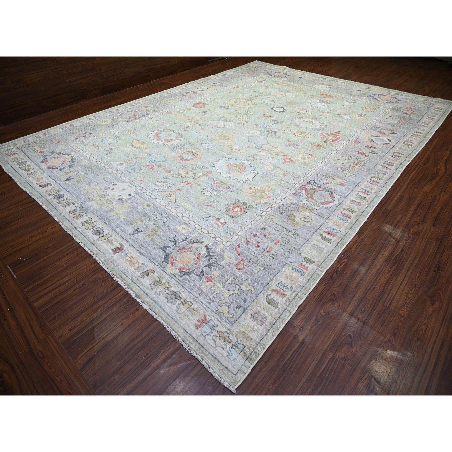 11'6"X15'7" Green Afghan Angora Oushak Wool Hand Knotted Oversized Rug