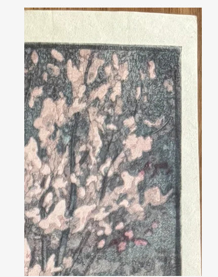 woodblock print of themes eight cherry blossom arashiyama by hiroshi yoshida 1935