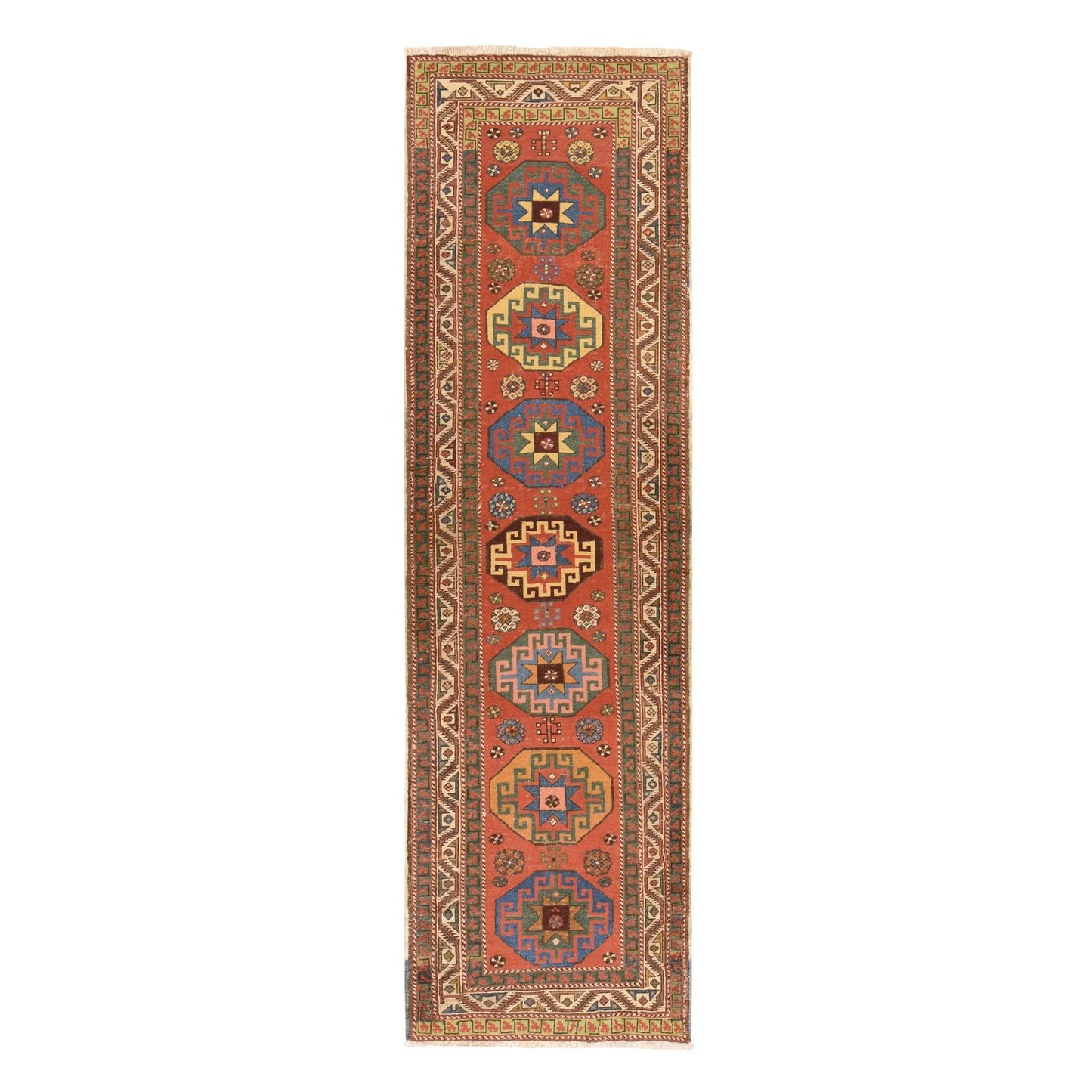 3'4"X11'2" Red Hand Knotted Rug Antique Caucasian Kazak Soft Wool Runner