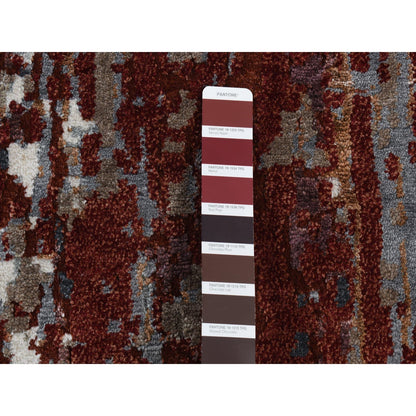 9'X12'2" Red Wool And Silk Abstract Paint Brush Design Hand Knotted Rug