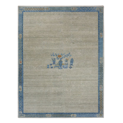 9'1"X12'1" Gray Ming Dynasty Flower Bouquet Wool Hand Knotted Rug