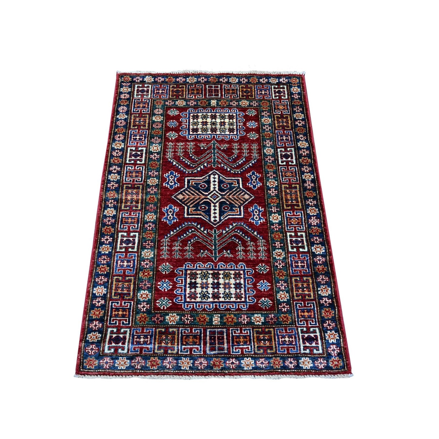 2'9"X4'1" Red Hand Knotted Super Kazak Pure Wool Medallions Oriental Rug