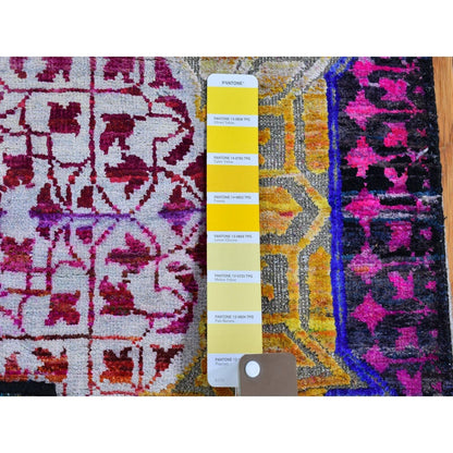 2'6"X10'4" Sari Silk With Textured Wool Mamluk Design Handmade Runner Rug