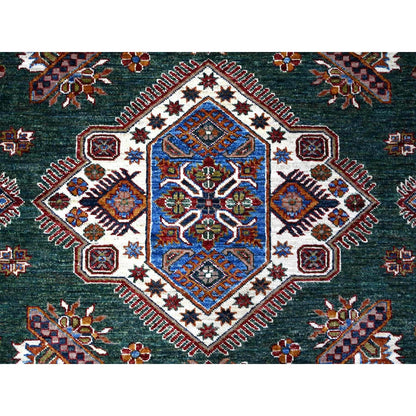 8'3"X10' Green Hand Knotted Super Kazak Tribal Elements Wool Oriental Rug