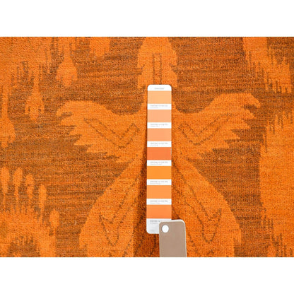9'1"X12'3" Hand Knotted Pure Wool Orange Cast Overdyed Ikat Oriental Rug