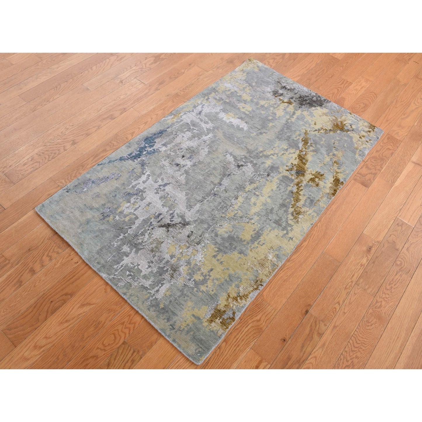 3'X5' Battleship Gray Abstract Design Wool And Silk Hand Knotted Rug