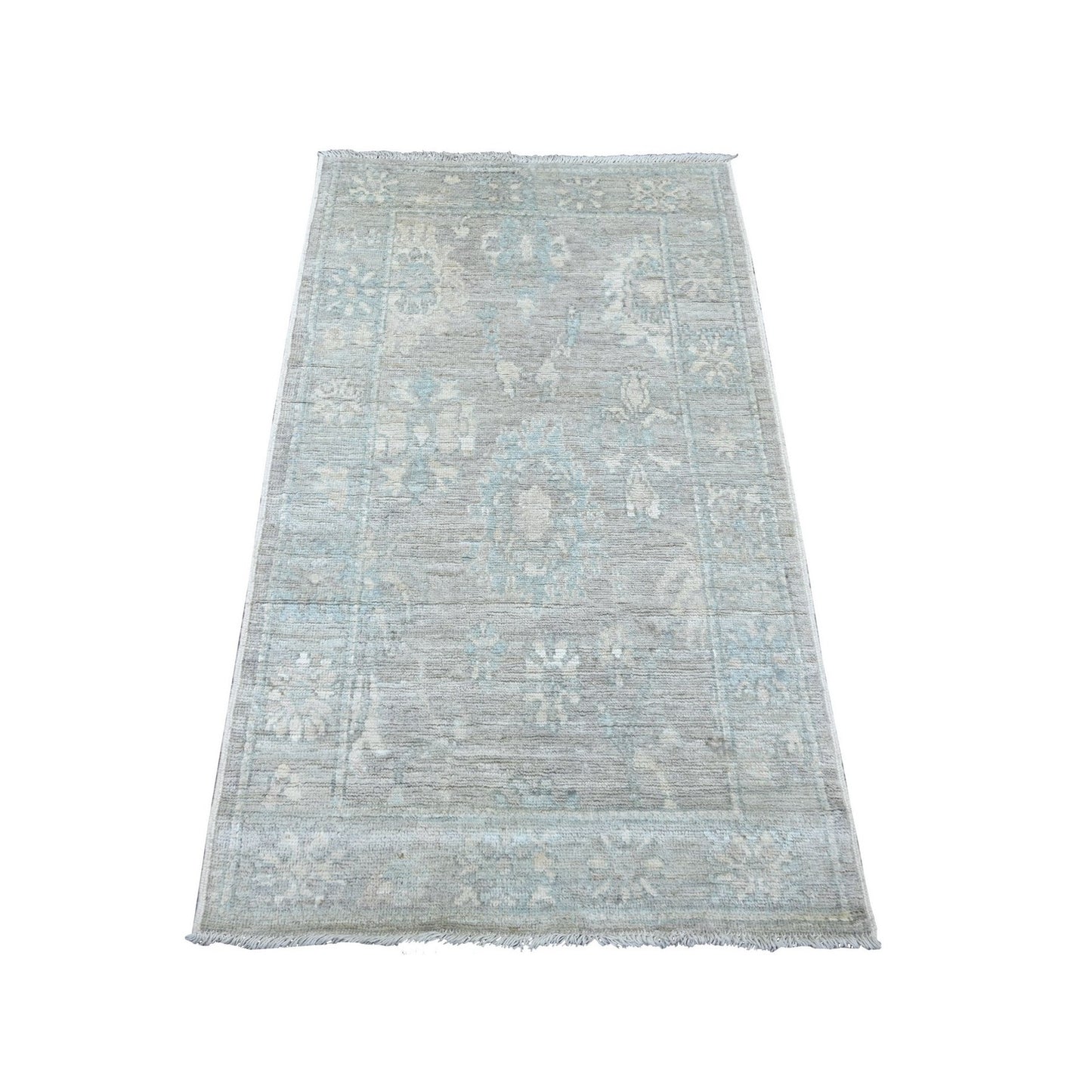 Fossil Gray Afghan Hand Knotted Wool Rug 3'x5' Leaf Design Oushak Angora