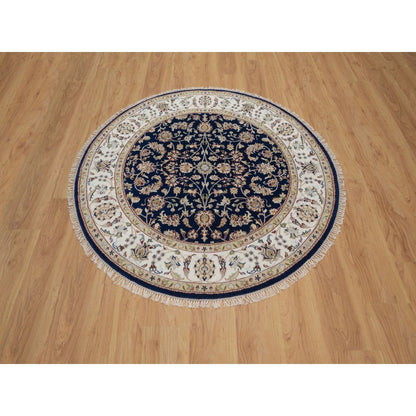 5'X5' Navy Nain With Flower Design Wool And Silk Hand Knotted Round Rug