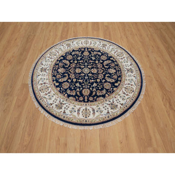 5'X5' Navy Nain With Flower Design Wool And Silk Hand Knotted Round Rug