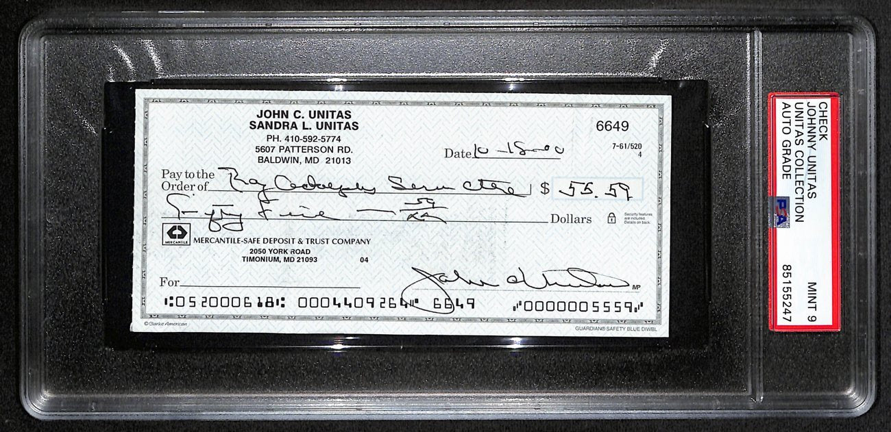 Johnny Unitas Signed 10/15/00 Check Psa/Dna Mint